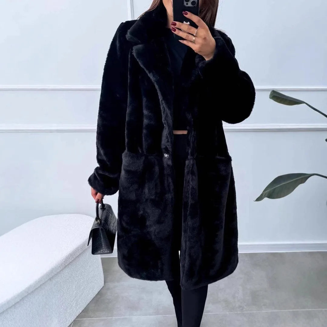 Autumn Winter Long Loose Pure Color Plu Rabbit Fur Coat with kets Women's plus Size Casual Outerwear Coat