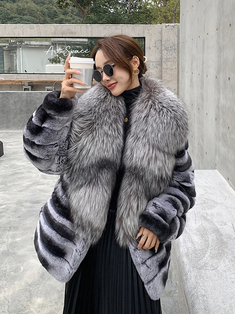 Rex Rabbit Fur Coat – Fox Fur Collar – Chinchilla Color | KIMLUD