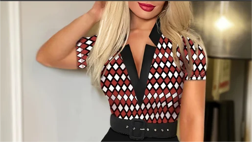 Bodycon Midi Dress – Color Block Diamond Print – Polyester Belted Lapel V-Neck | KIMLUD