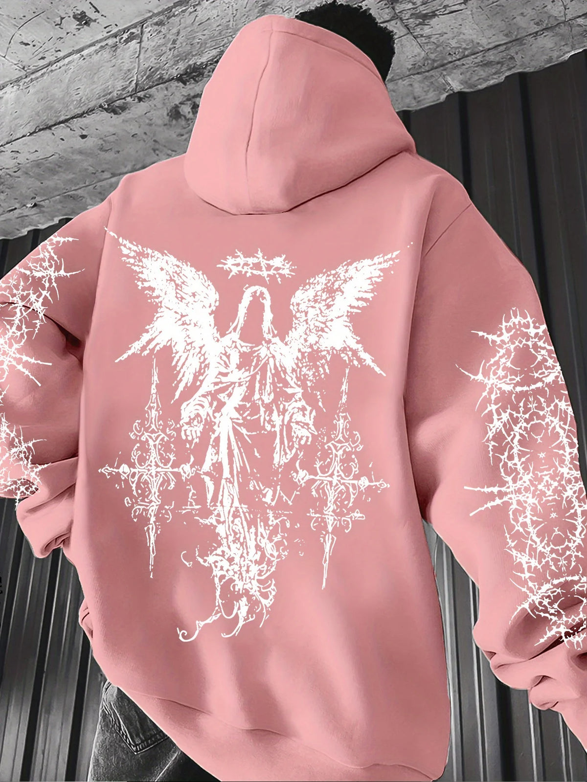 Hooded Sweatshirt – Angel Graffiti Thorn Print – Polyester – Regular Fit | KIMLUD