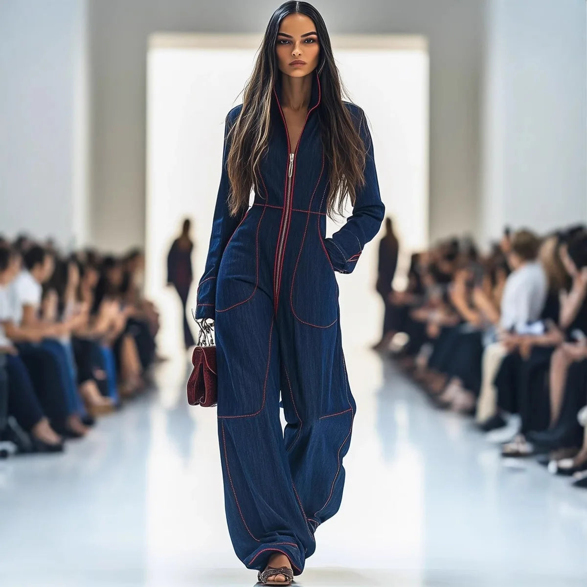 Polyester Jumpsuit Waist-Cinched Wide-Leg Stand Collar — Black | KIMLUD