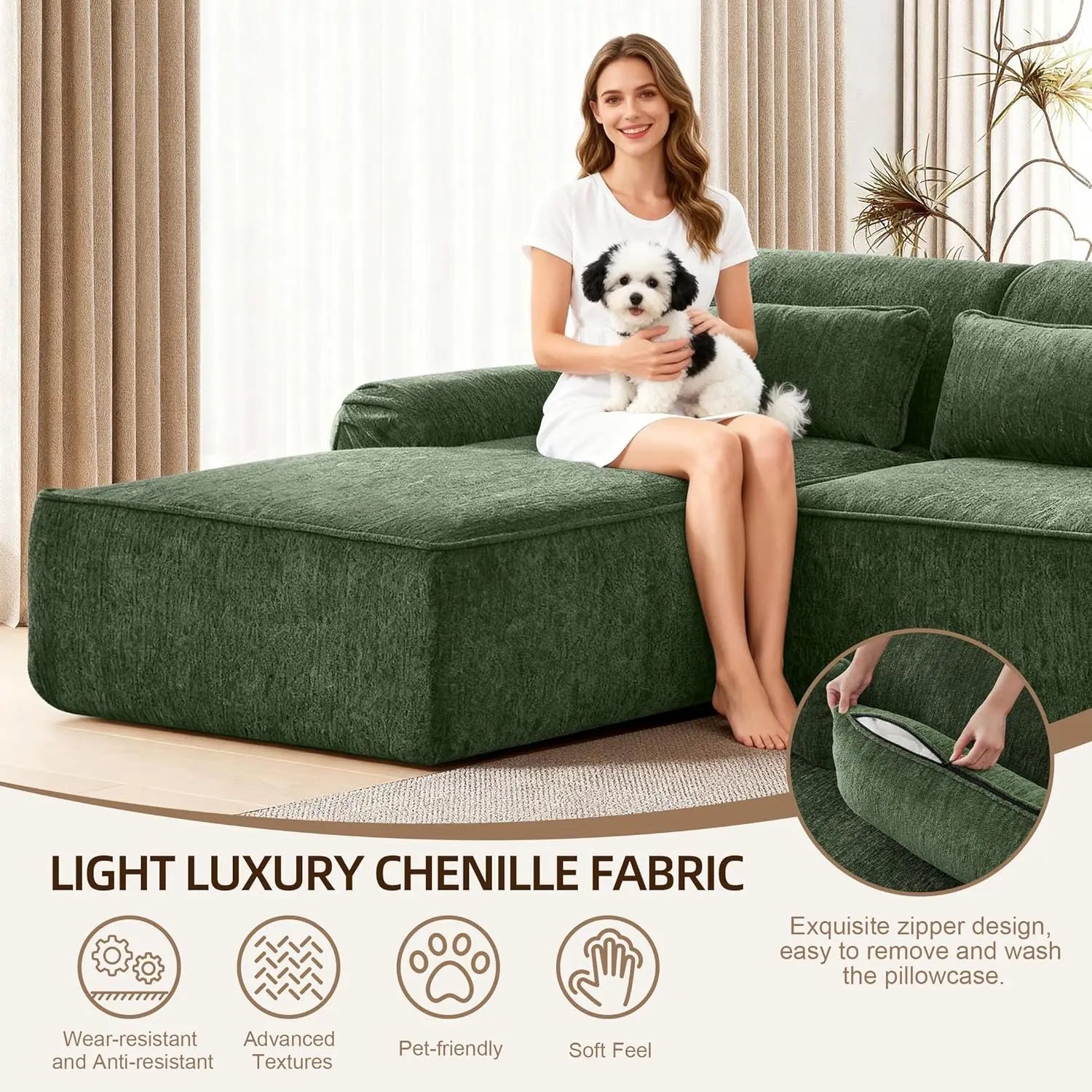 Chenille L-Shaped Sectional Sofa Left-Facing 102in — Moss Green | KIMLUD