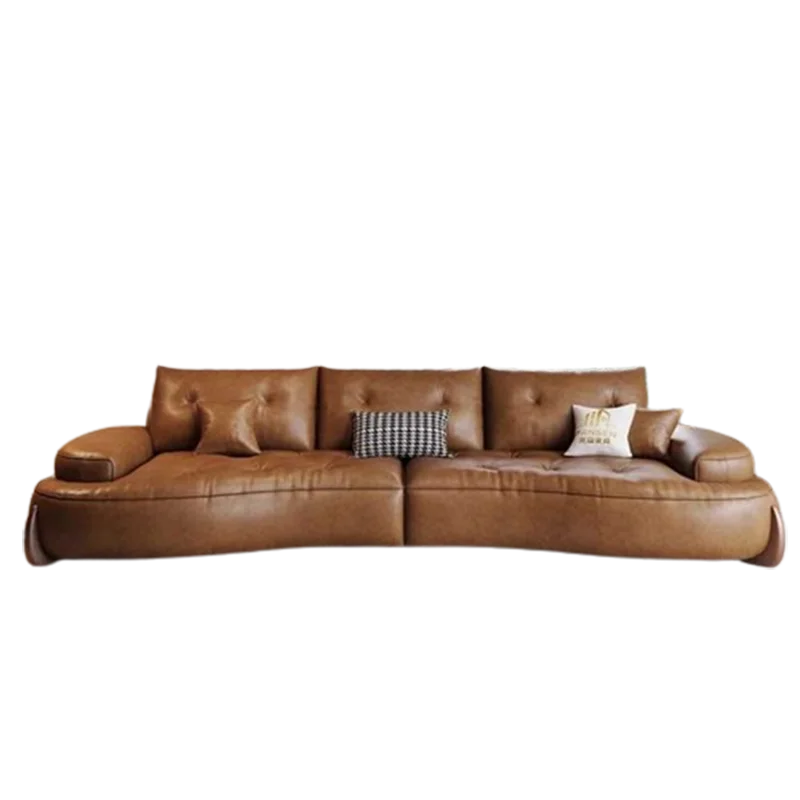 Leather U-Shape Sofa Pillowed Cushions — Caramel Brown | KIMLUD