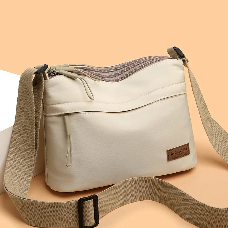 Canvas Textured Nylon Shoulder Crossbody Bag Multi Pocket — Cream | KIMLUD