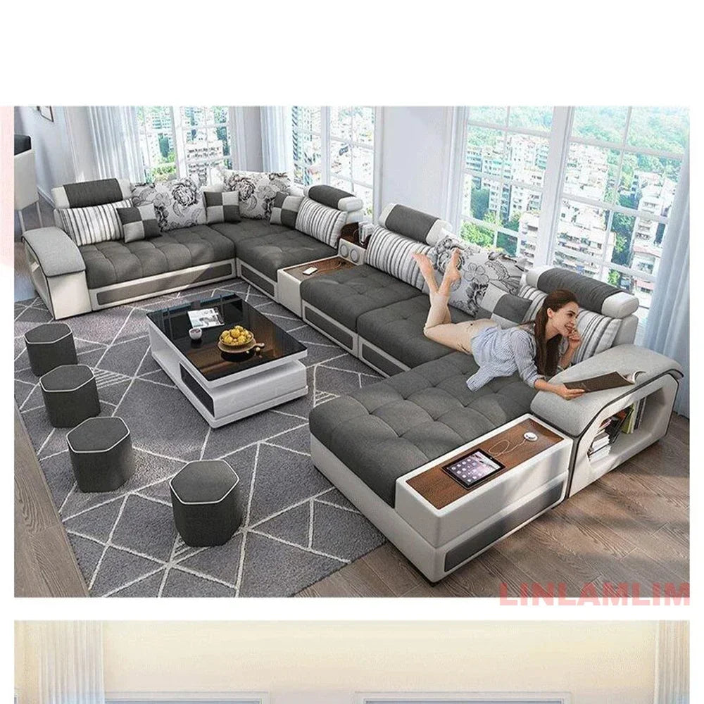 U-Shaped Sectional Fabric Sofa With Storage And Built-In Side Table — Gray | KIMLUD
