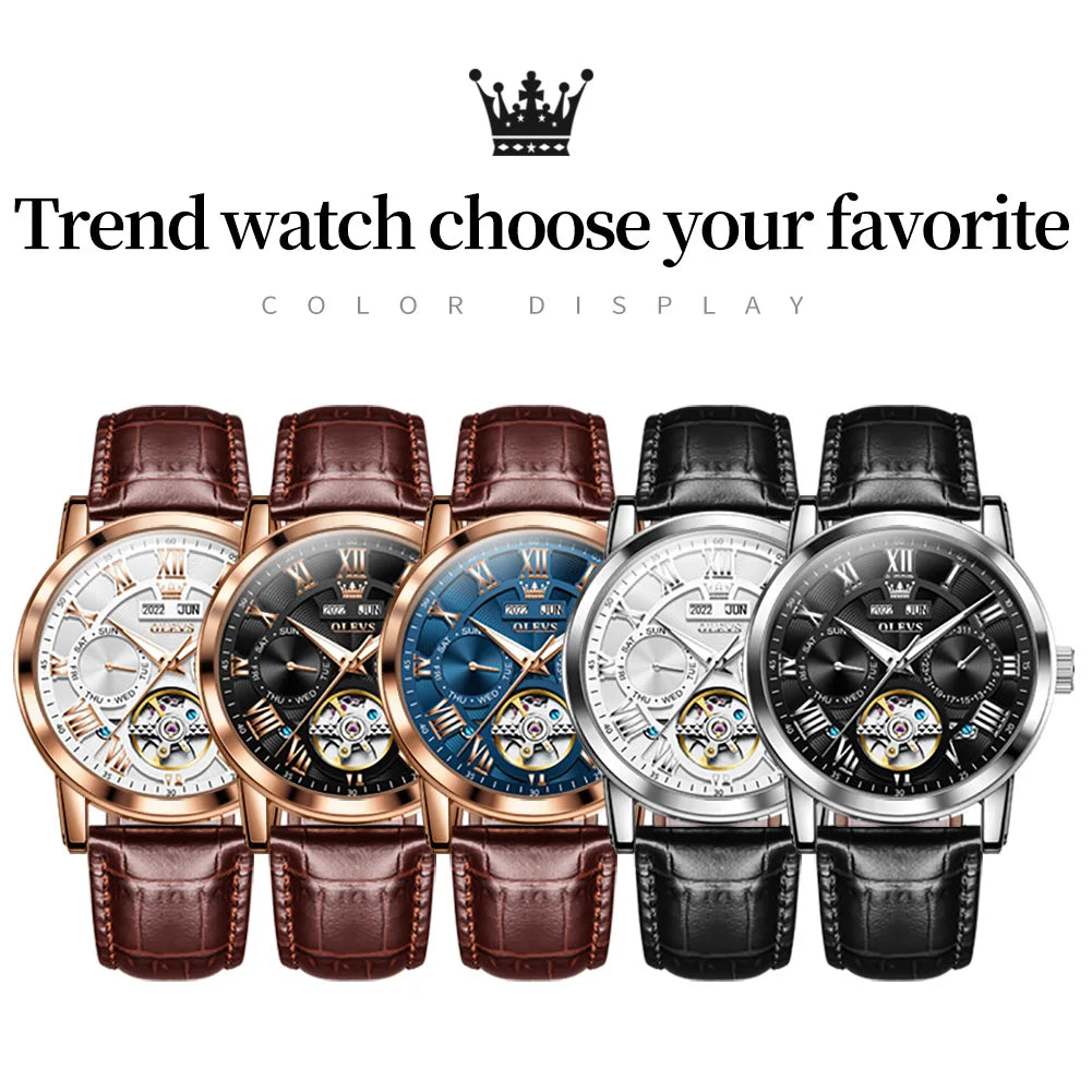 Luxury Automatic Watch With Brown Leather Strap And Mechanical Hand Wind Movement — Blue | KIMLUD