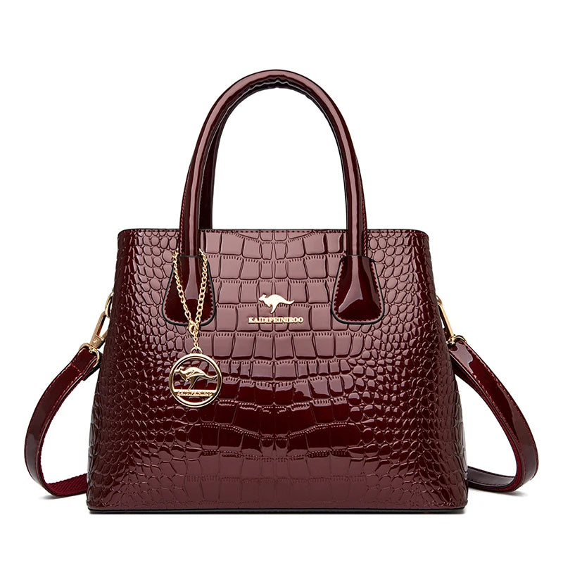 Crocodile Pattern Patent Leather Tote Bag Crossbody Zipper Closure — Black | KIMLUD