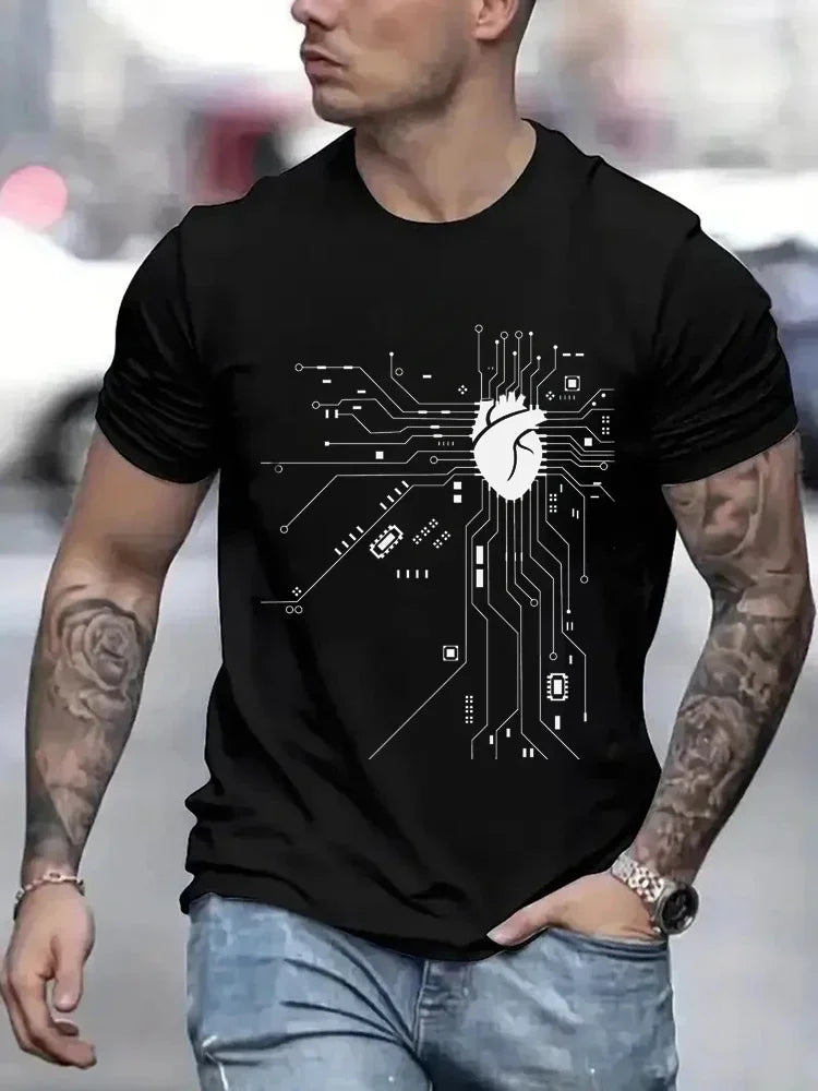 Graphic Cotton Circuit Diagram Tee — Black | KIMLUD