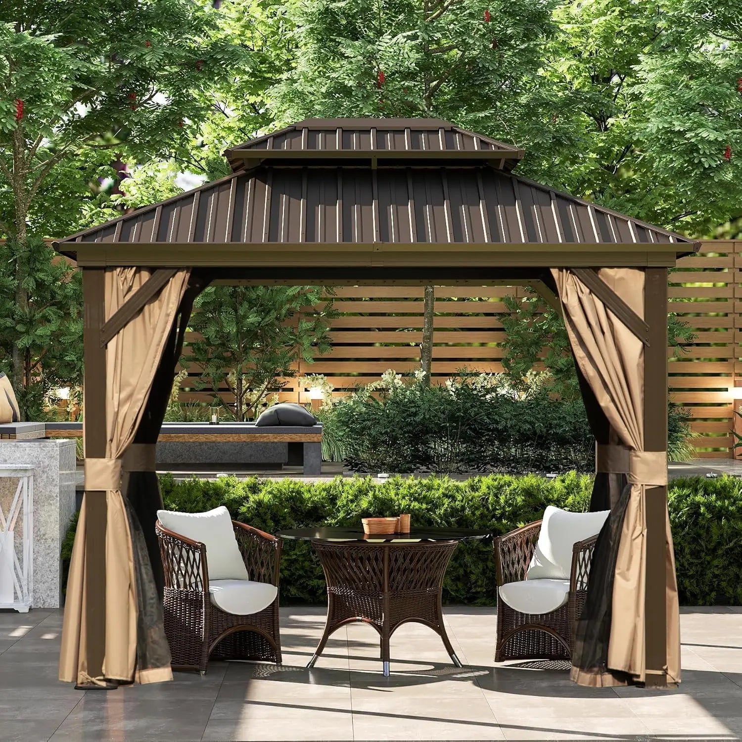 Galvanized Steel Outdoor Double Roof Gazebo — Brown | KIMLUD