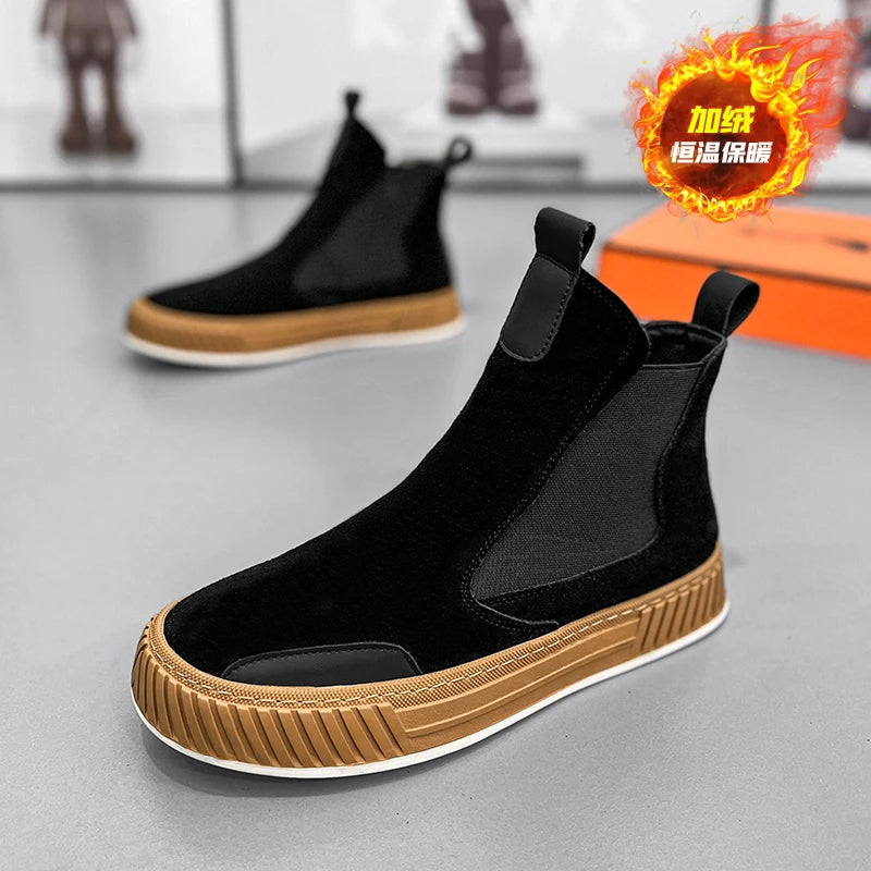 High Top Sneaker Men Winter Plush Snow Boot Fashion Casual Nubuck/Microfiber Leather Upper Height Increased Platform Board Shoes