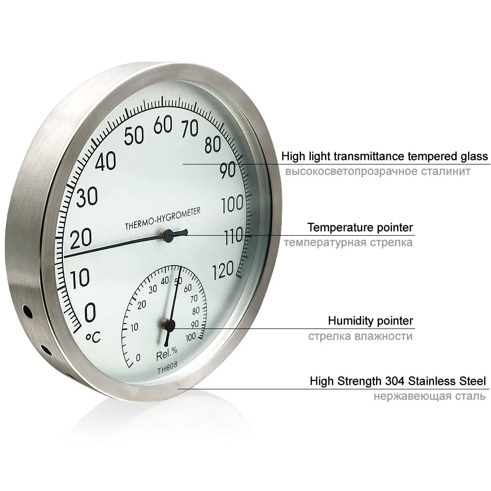127mm Thermometer термометр Hygrometer Wall Hung Stainless Steel Indoor Outdoor Sauna Room Temperature Humidity Tester Monitor