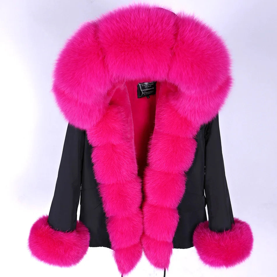 MAOMAOKONG Winter Clothes Women Natural Fur Coat Real Raccoon Fur Collar Parkas Remove Faux Fur Lining Warm Thick Short Jacket