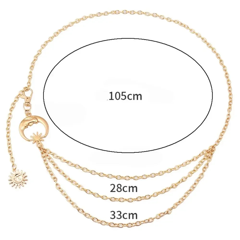 Punk Hip Hop Style Waist Chain Sun Moon Star — Silver | KIMLUD