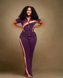 Elastane-Polyester Patchwork Tracksuit Set Jacket and Pant — Deep Purple | KIMLUD