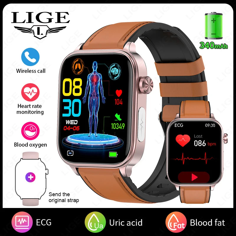 LIGE 2025 New ECG+PPG AI Healthy Diagnose Smart Watch Men Women Blood Lipid Uric Acid Female Menstrual Health Tracker Smartwatch