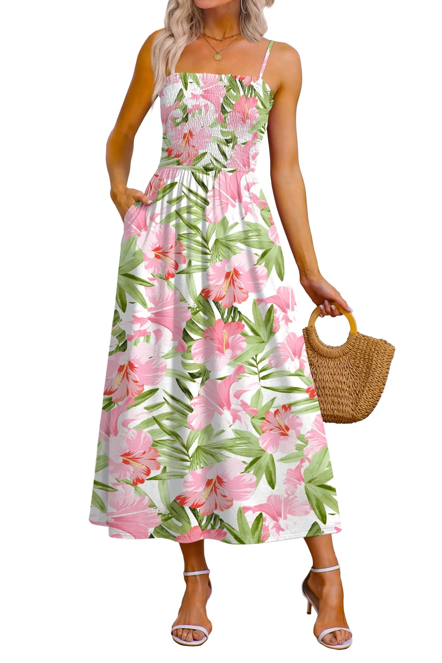 Spaghetti Strap Maxi Dress – Smocked Waist – Polyester Fiber | KIMLUD