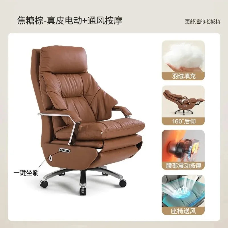 Genuine Leather Massage Chair Swivel Lift Ergonomic Office Chair — Cognac Brown | KIMLUD