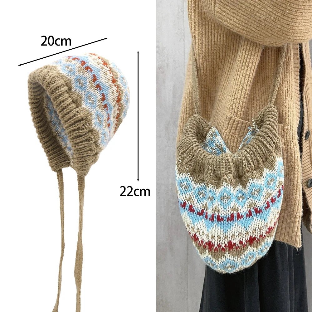 Ethnic Style Striped Spliced Knitted Hat Women Autumn Winter Caps Multifunctional Crossbody Bag Ear Protection Drawstring Hats