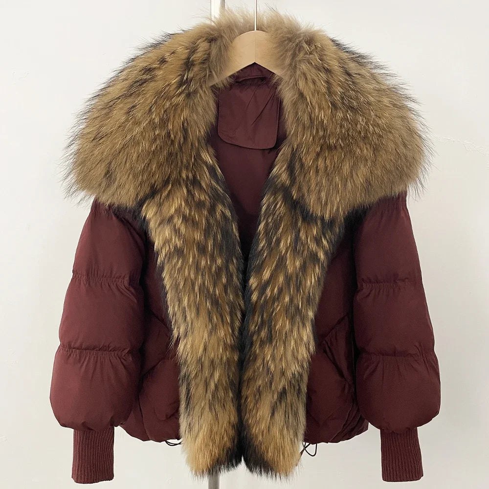 OFTBUY Large Real Raccoon Fur Jacket Knit Sleeve Real Fur New Winter Puffer Jacket Women White Duck Down Coat Oversized Feather