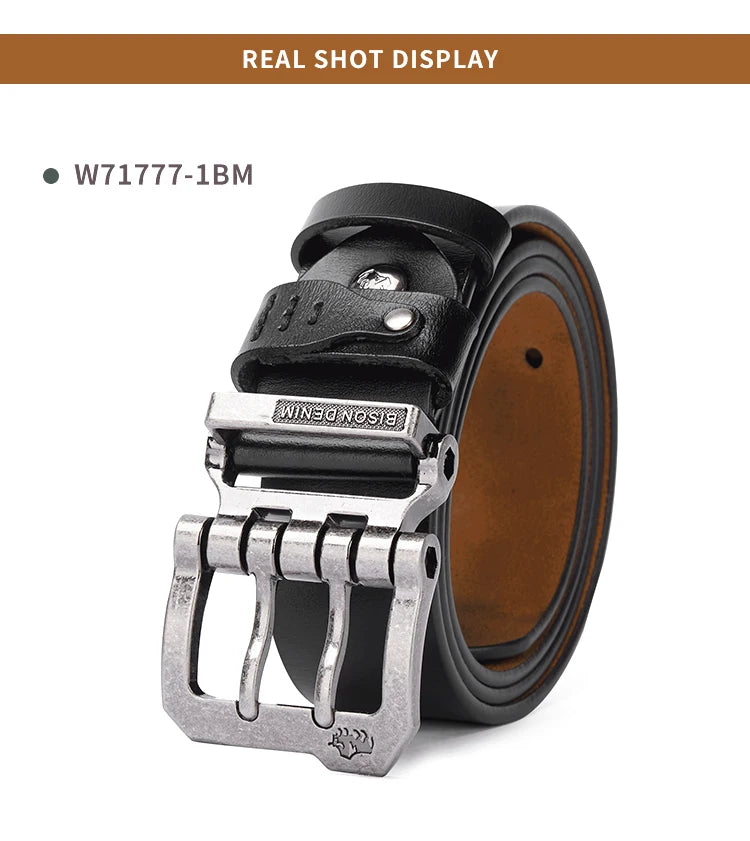 Split Leather Belt Vintage Pin Buckle 3.8 Cm Wide For Men — Black Coffee | KIMLUD