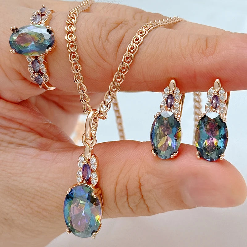 Cubic Zirconia Jewelry Set Ring Earrings Necklace — Rose Gold | KIMLUD