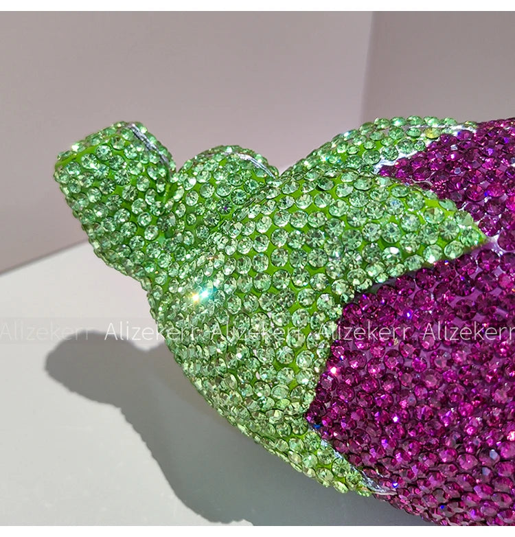 Alizekerr Eggplant Shaped Diamond Evening Bags Women Gorgeous Metallic Rhinestone Purses Ladies Unique Handbags Wedding Party