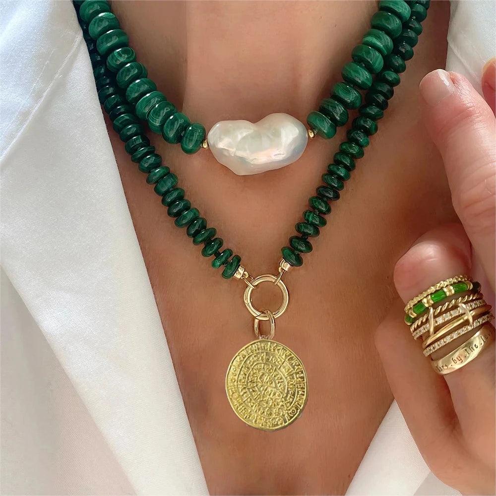 Malachite Coin Pendant Necklace Rope Knot — Green | KIMLUD