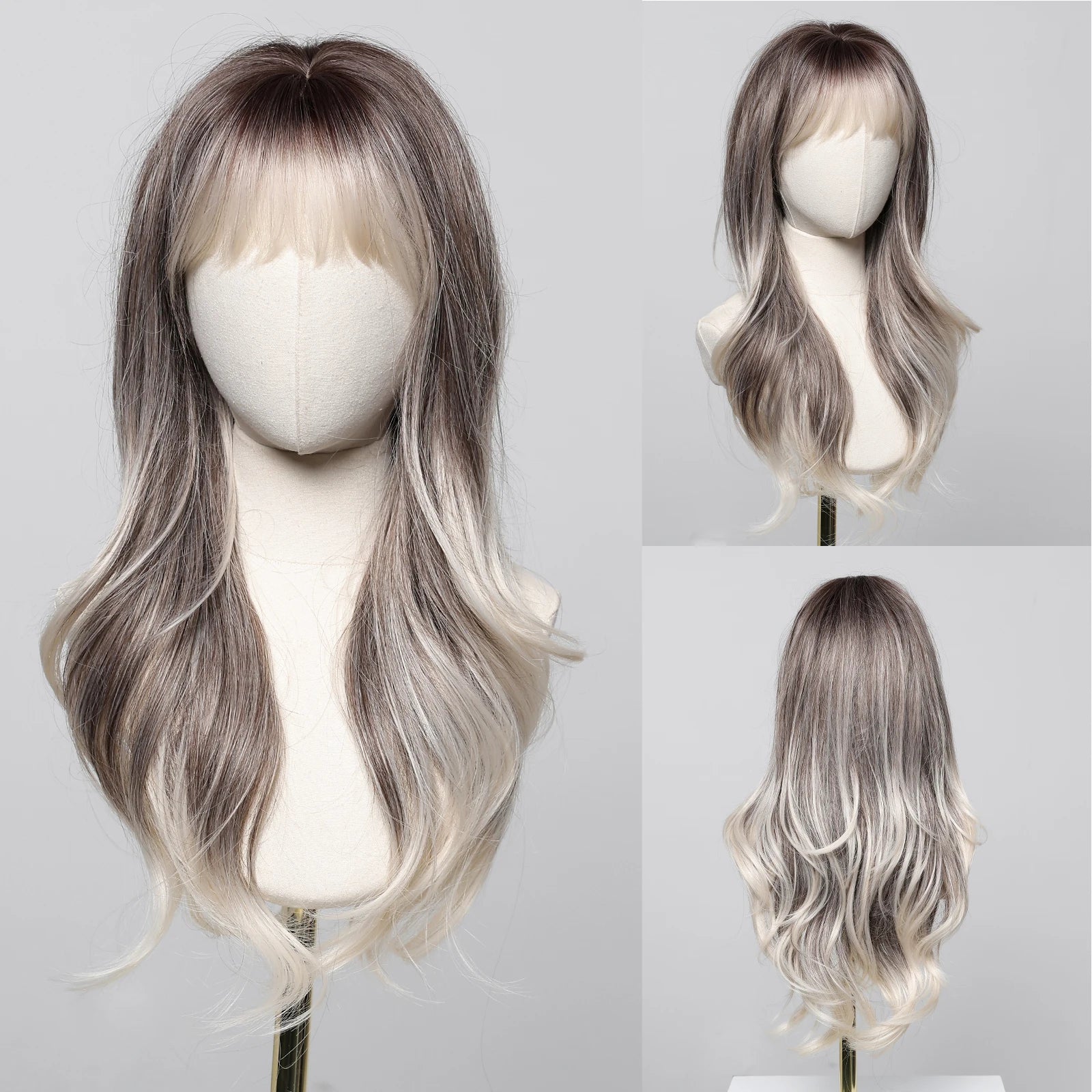 Golden Blonde Mixed Synthetic Wig Dark Root Wavy Hair With Side Bangs for Women Daily Party Cosplay wig Heat Resistant Fiber