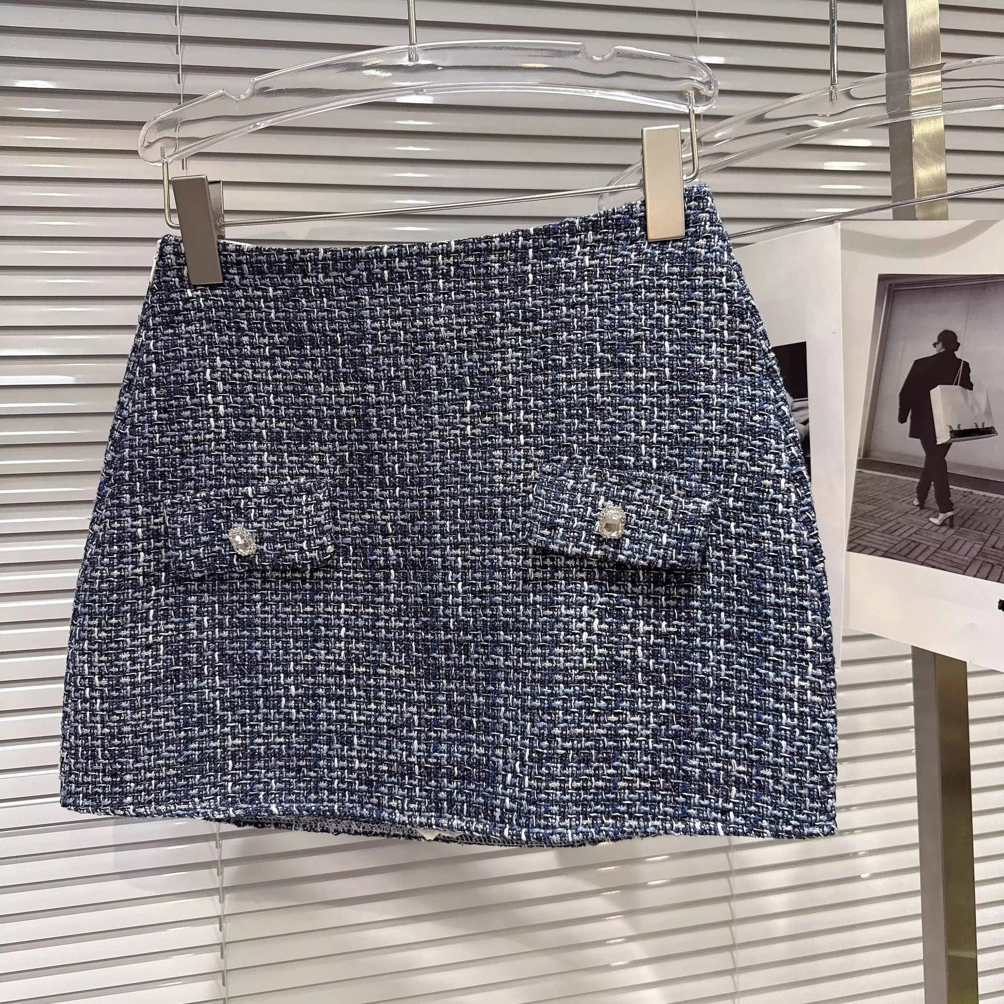 KIMLUD, DEAT 2025 Autumn New Fashion Rhinestone Pin Contrast Color Tweed Short Jacket For Women Pocket Short Skirt Female 11A06364, KIMLUD Womens Clothes