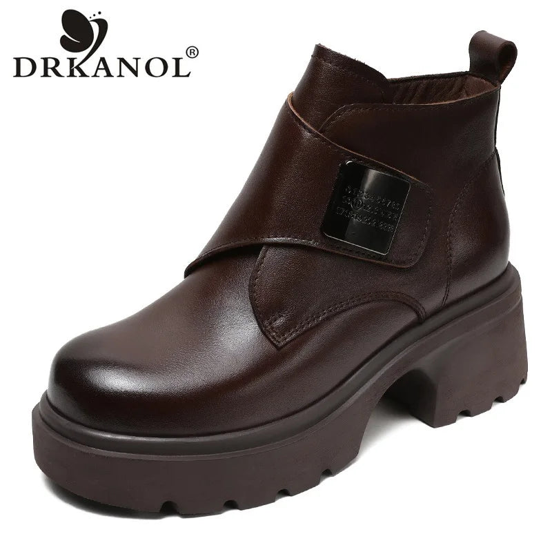 DRKANOL Wide Head Design Women Platform Boots Autumn Winter Warm Thick High Heel Hool And Loop Metal Genuine Leather Ankle Boots