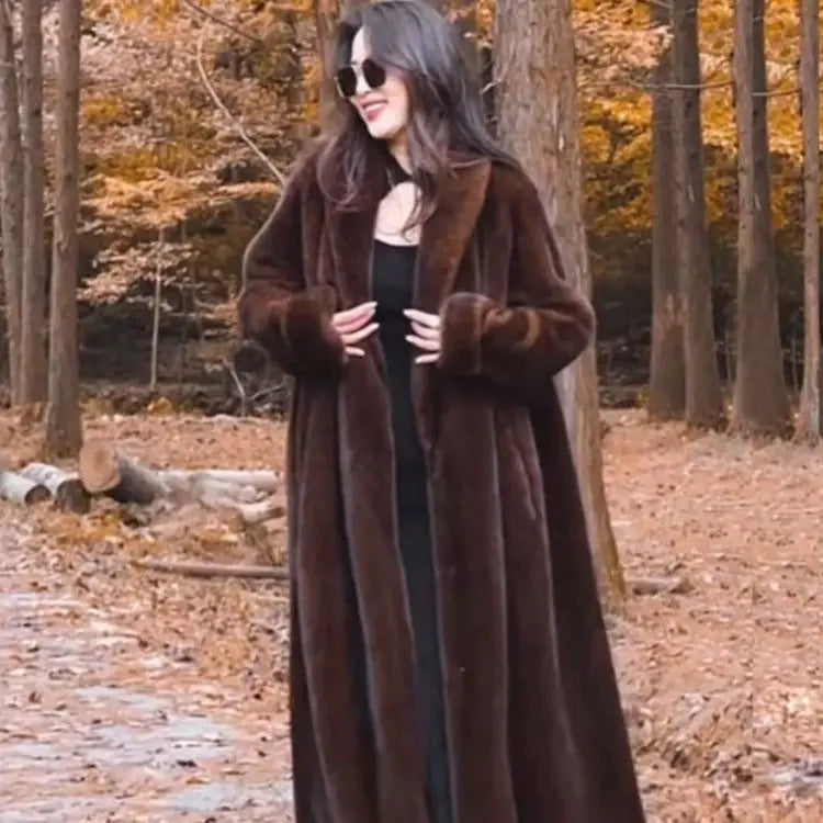 Women Faux Fur Coats Knee Length Coat Turn Down Collar Thick Warm Elegant Maxi Y2k Streetwear Outerwear Jackets Winter Spring