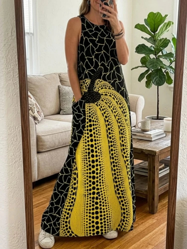 Maxi Dress - Pockets And Polka Dot Print - Polyester | KIMLUD