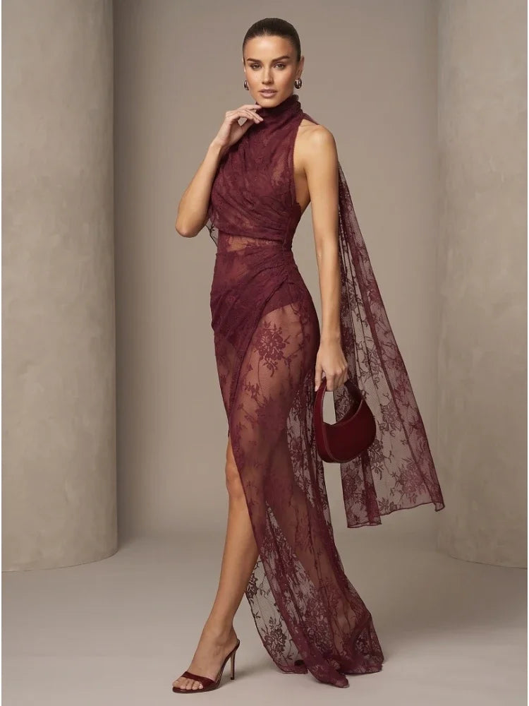 Dresses – Backless High Neck Lace See-Through – Slim Silhouette – Black | KIMLUD