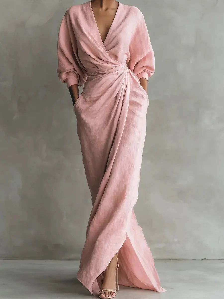 Wrap-Draped Dress Sculpted Waist — Soft Pink | KIMLUD