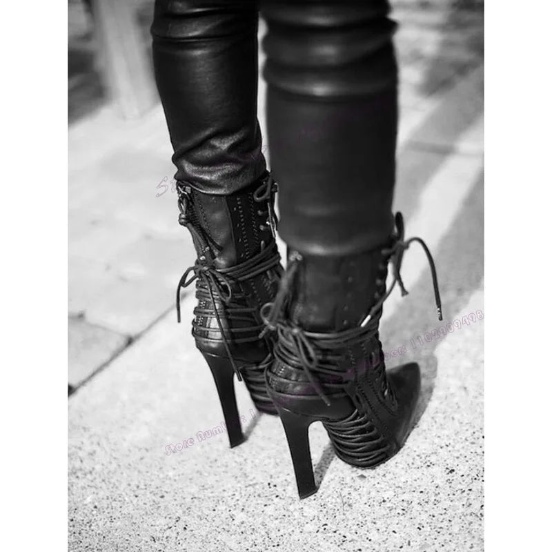 Black Matte Leather Cross Tied Ankle Boots Po inted Toe Shoes for Women Thin High Heels Sexy Lady Shoes 2025 Zapatos Para Mujere