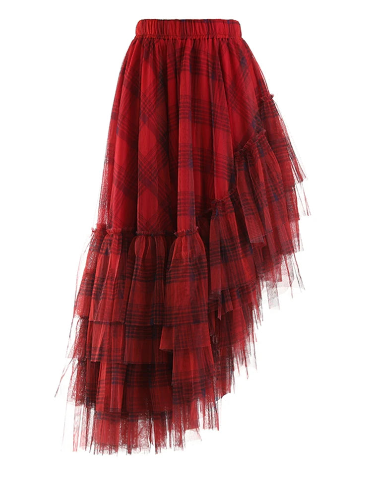 Skirt – High Elastic Waist – Jersey – Red Plaid | KIMLUD