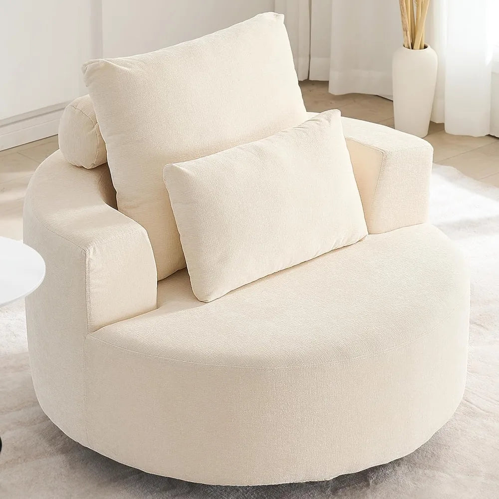 Furnimart Oversized Barrel Accent Chair, 360° Swivel Round Upholstered Sofa, Chenille High-Resilience Sponge, No Assembly Wide S