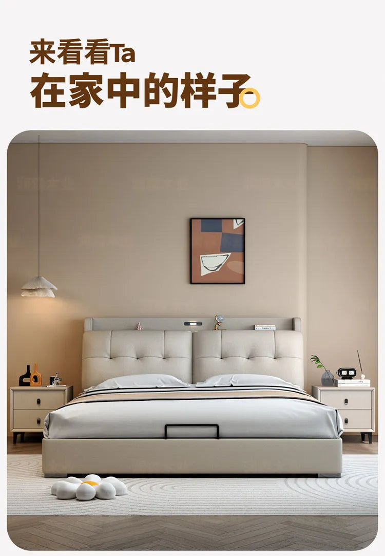 Minimalist Upholstered Bed Frame With Storage — Cream Beige | KIMLUD