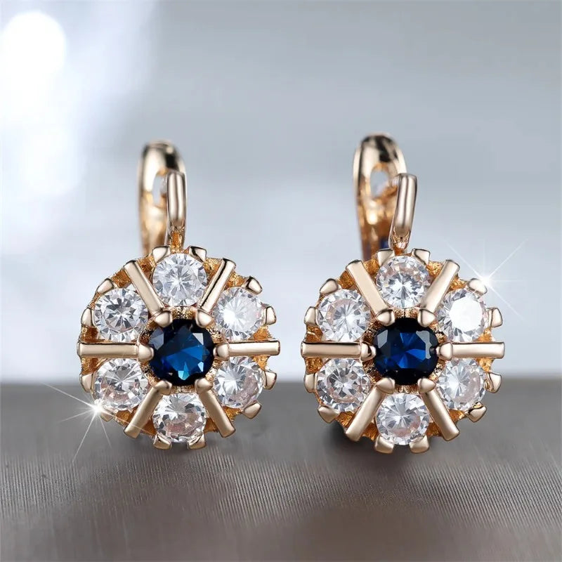 Cubic Zirconia Flower Hoop Earrings — Blue | KIMLUD