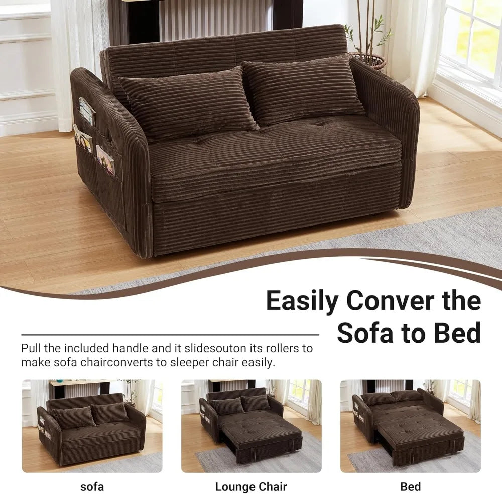 Corduroy Convertible Sofa Bed 3-in-1 Sleeper With USB Ports — Ivory | KIMLUD
