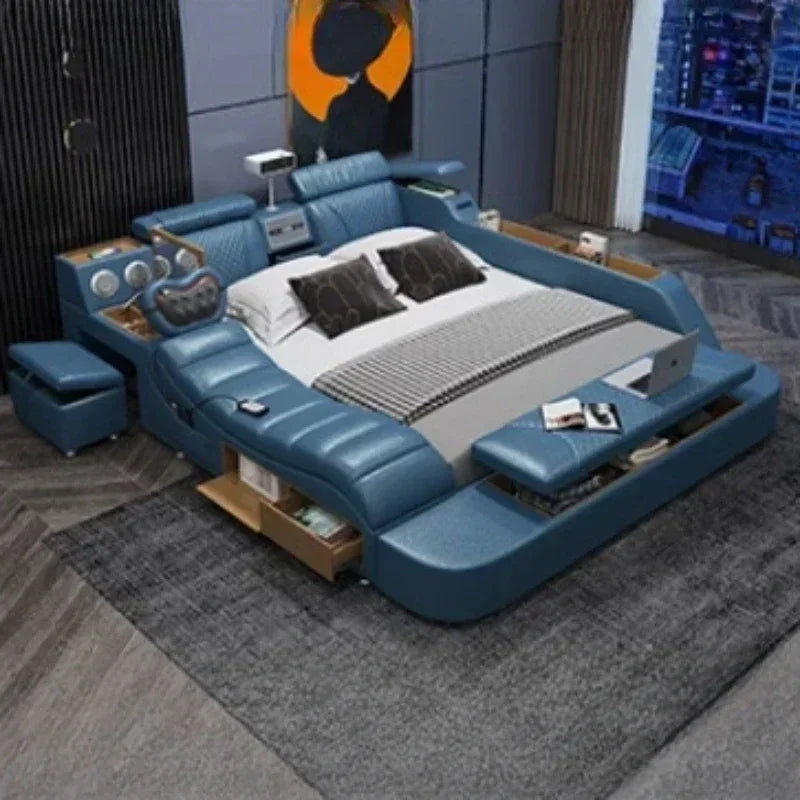 Leather Tatami Multifunction Bed With Projector — Ivory | KIMLUD