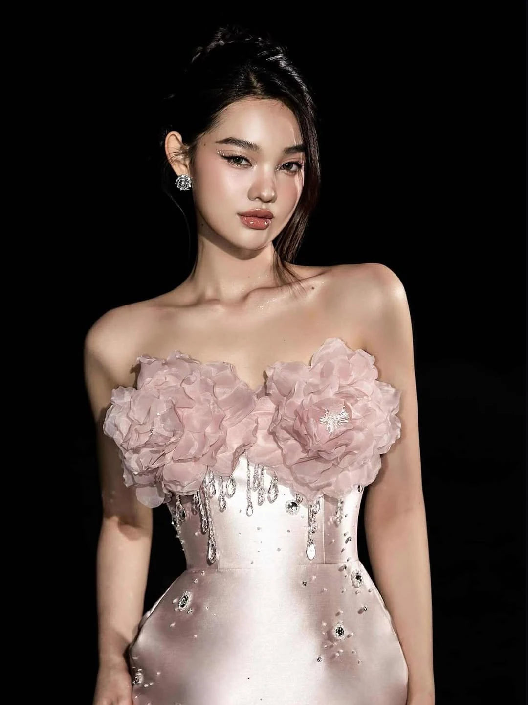 Prom Gown – Strapless Beaded Crystal Satin Maxi Dress – Blush | KIMLUD