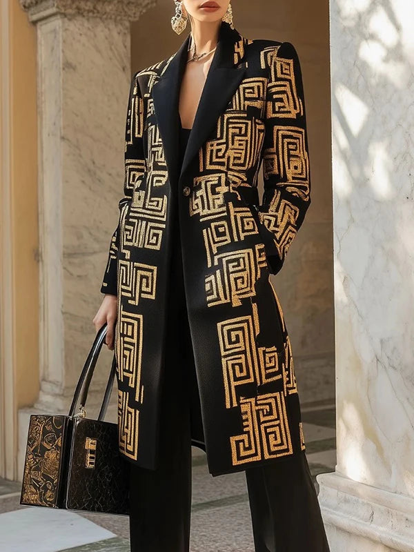 Modigirl 2026 New Spring Women's  Vintage Midi Length Coat Urban Trendy Golden Meander Print Long Jackets Pockets female