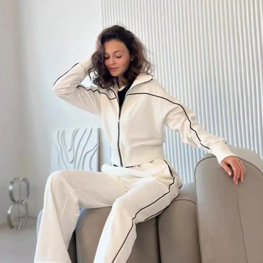 Soft Knit Two Piece Set Striped Zip Hoodie With Piping On Sleeves And Wide-Leg Elastic Pants — Charcoal Gray | KIMLUD