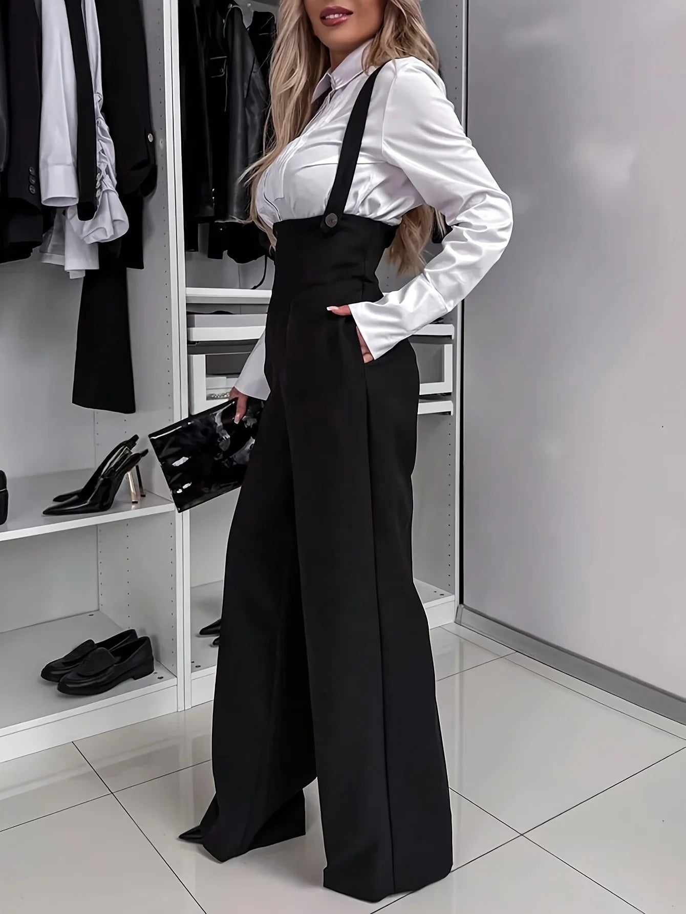 Cross-Back Strap Polyester Solid Jumpsuit — Black | KIMLUD