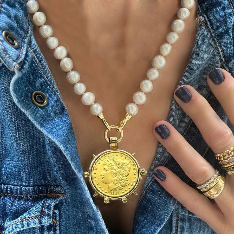 Pendant Necklace – Freshwater Pearl Coin Pendant – Choker – Turquoise | KIMLUD