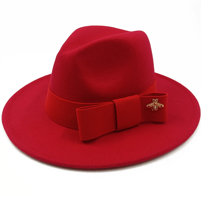 Low price wholesale Fedora hats Winter jazz monochrome bow elastic band men and women red jazz hats Fedora hats sombrero hombre - KIMLUD
