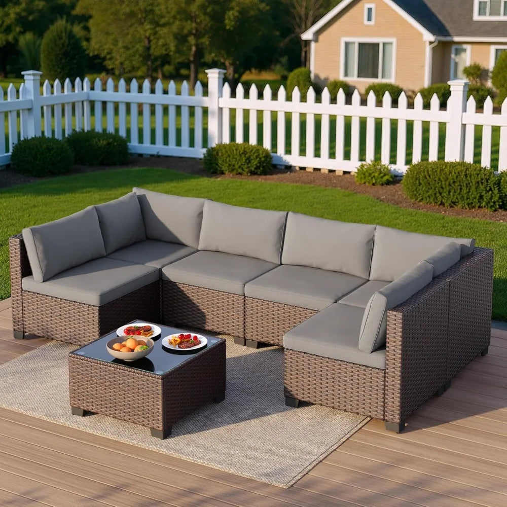 7 Pieces Outdoor Patio Furniture Set, PE Rattan Outdoor Wicker Sectional Furniture Sofa Set, with Cushions