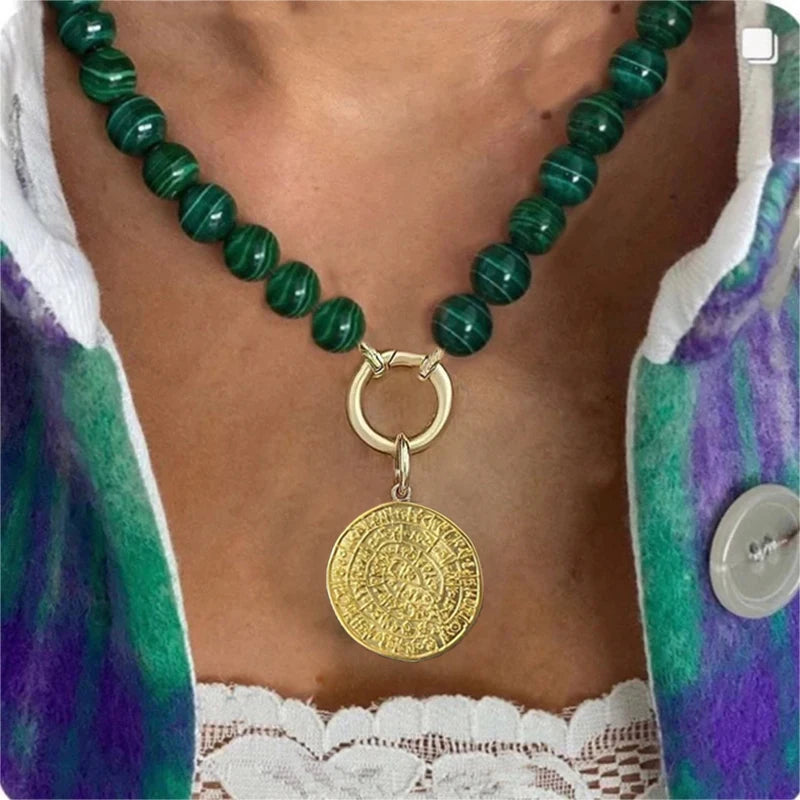 Malachite Coin Pendant Necklace Rope Knot — Green | KIMLUD