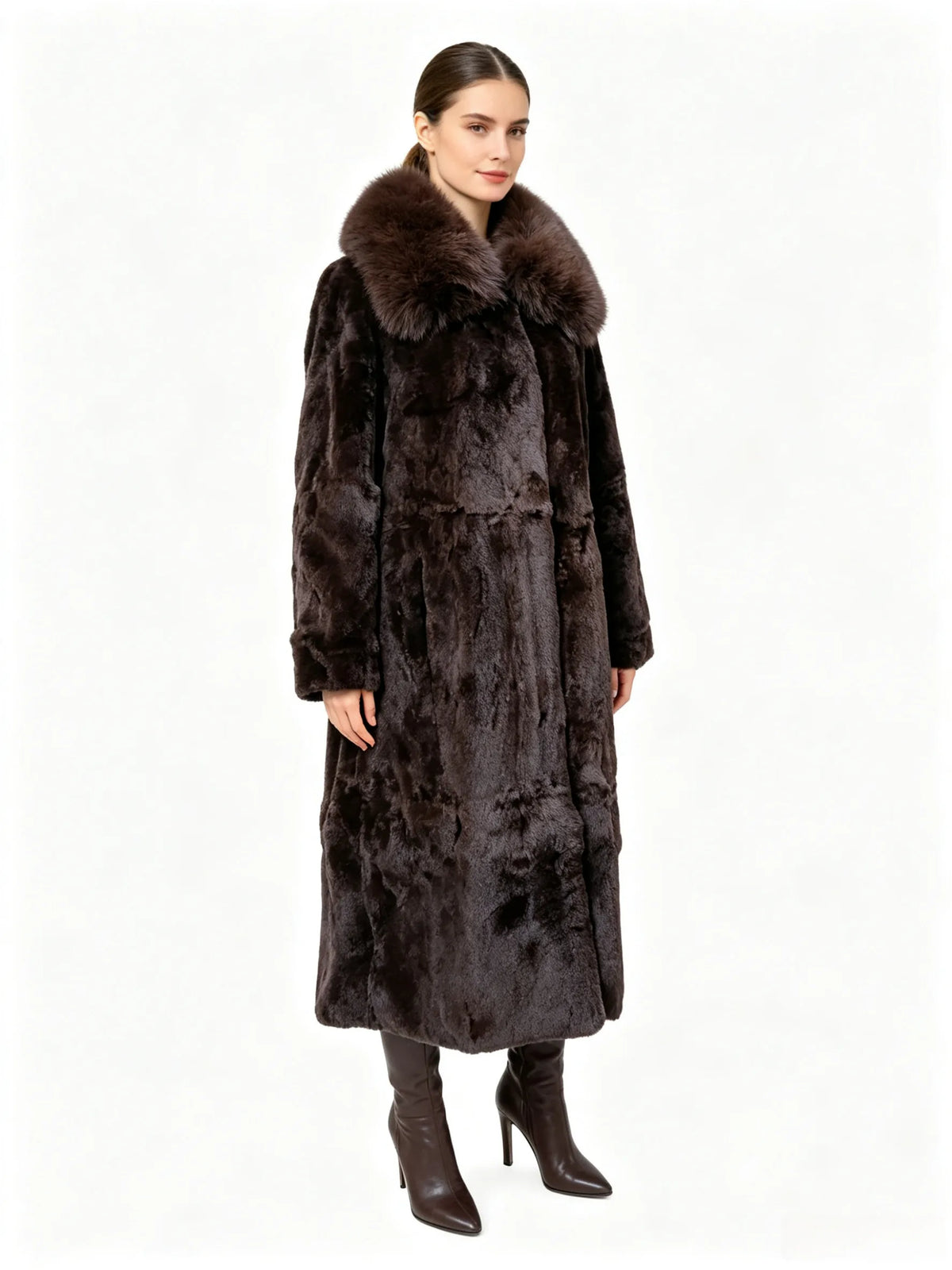 Rabbit Fur Coat – X-Long Rex Rabbit Fur – Fox Fur Collar | KIMLUD